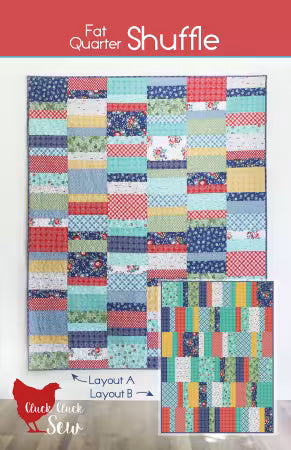 Fat Quarter Shuffle quilt pattern cover with two colorful patchwork quilt layouts.