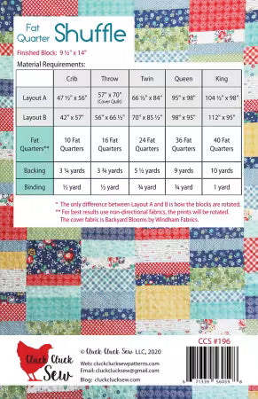Fat Quarter Shuffle quilt pattern back cover with fabric requirements chart and sizing details.