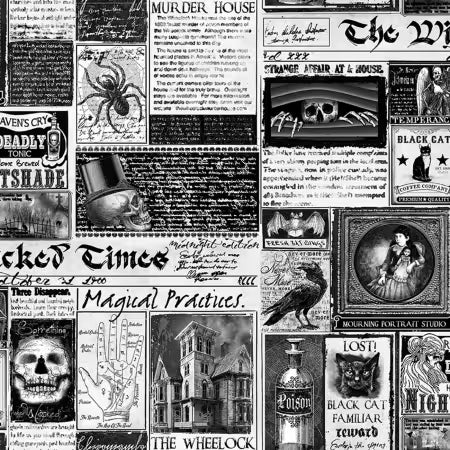 White Wicked Time Newspaper Halloween # CD1825-WHITE from Timeless Treasures
