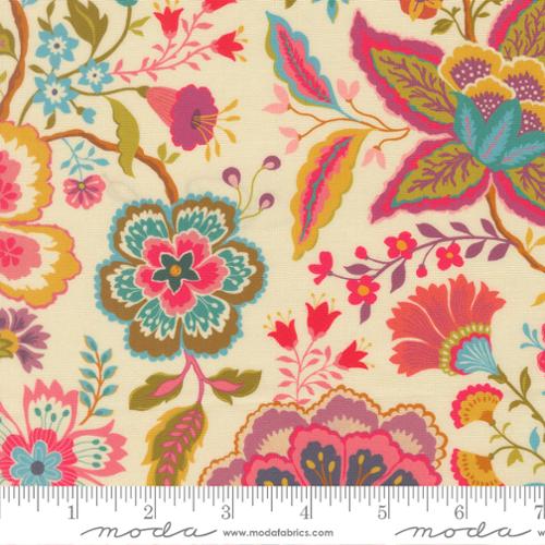 Cream floral cotton fabric with colorful blossoms and foliage, yardage cut