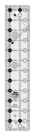 Clear quilting ruler with inch measurement scale and circular alignment holes