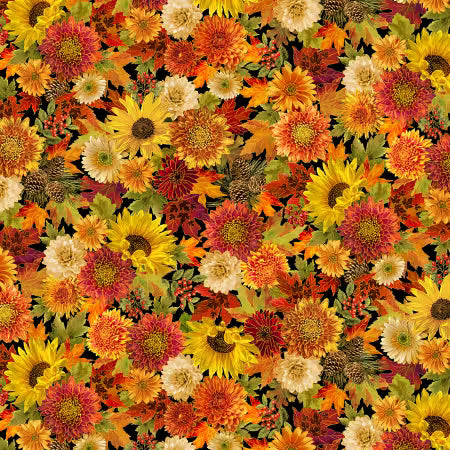 Black Packed Harvest Bouquets Metallic Harvest # CM1286-BLACK from Timeless Treasures