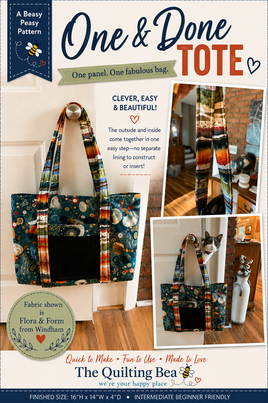 Tote pattern cover showing multicolor patchwork tote design with handles and pocket