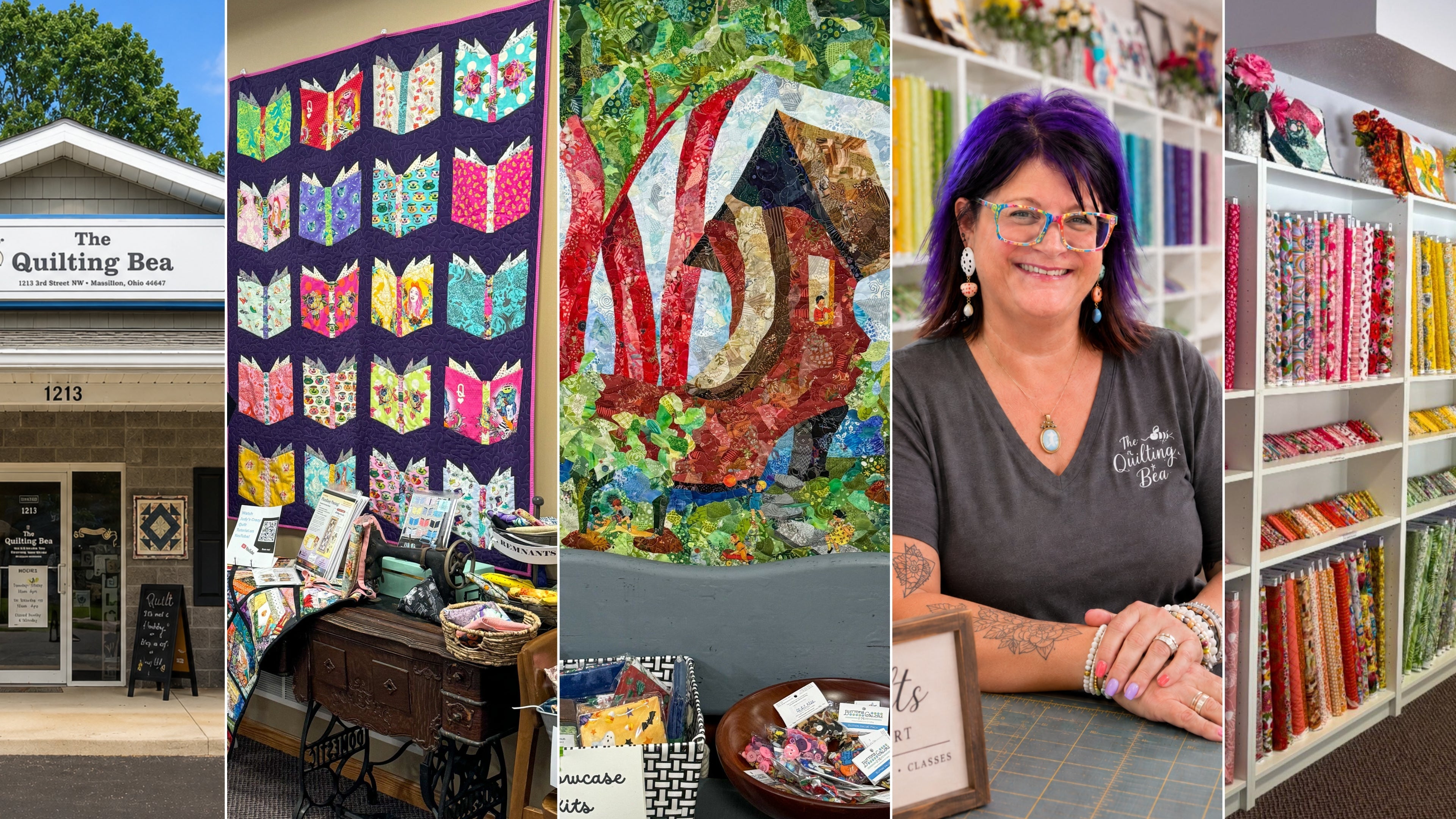 A five-panel collage showcasing 'The Quilting Bee' shop and its quilting products. The panels include the storefront exterior, a colorful quilt featuring book illustrations, a close-up of a detailed woodland quilt, a smiling woman with purple hair wearing glasses and a grey t-shirt, and shelves filled with colorful quilting fabrics.