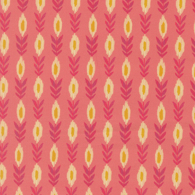 Rose pink fabric with repeating vine, leaf, and teardrop motifs in yellow and red