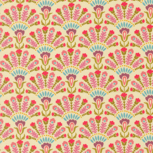 Floral cotton fabric on opaline cream with pink, teal, and red blossoms