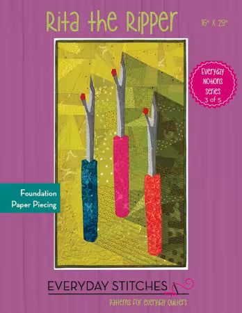 Paper quilting pattern card for Rita the Ripper showing three fabric strips.