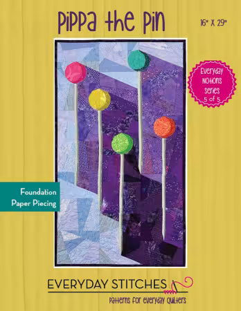 Pin craft kit card showing purple foundation paper piecing pattern with colored circles