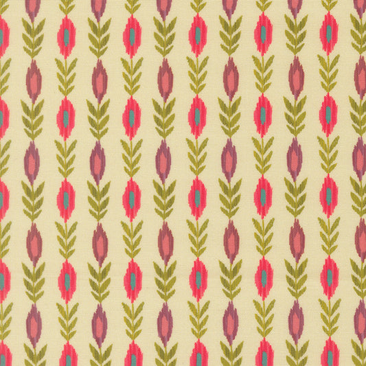 Cream fabric with repeating red and burgundy vine leaf pattern