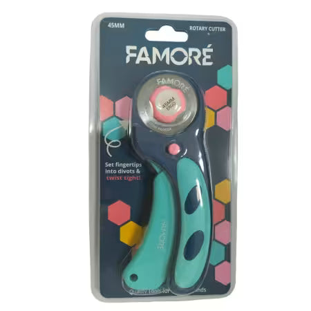 Famore 45mm ergonomic rotary cutter with angled teal and black handle
