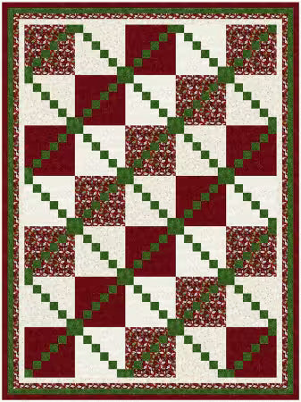 Quilt design with red and green patchwork diamonds and diagonal arrow-like strips