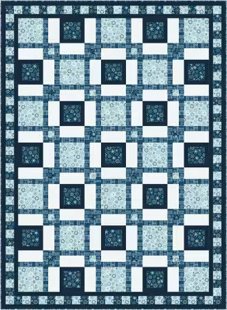 Quilt design with alternating light and dark blue squares and repeating cross motifs