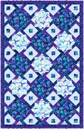 Quilt design with blue and purple diamond layout and floral star blocks