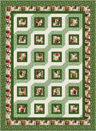 Quilt design with green field and light framing grid holding small square motifs