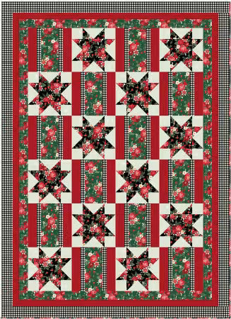 Quilt design with green stripes and repeating black star pinwheel blocks on cream