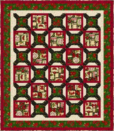 Quilt design with green background, dark corner accents, and repeating framed square blocks