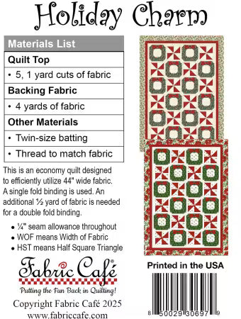 Holiday Charm 5-Yard Quilt Pattern, fabric requirements and sample, FC092522 from Fabric Cafe
