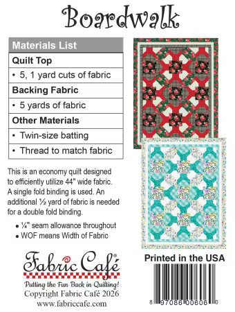 Boardwalk 5-Yard Quilt Pattern, fabric requirements and sample, FC092621 from Fabric Cafe