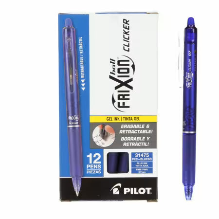 Pilot Frixion Clicker blue fine-point gel pen beside its retail package.