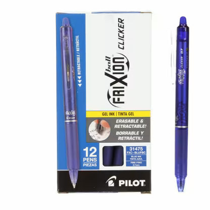 Pilot Frixion Clicker blue fine-point gel pen beside its retail package.