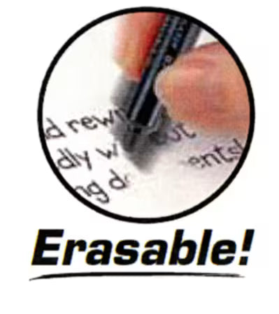 Fine-point gel pen erasing writing on paper with its eraser tip.