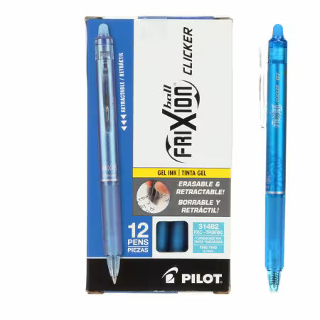 Pilot FriXion Clicker fine-point turquoise gel pens, shown in a 12-pen box with one pen