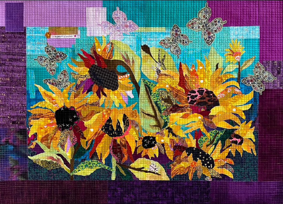 Collage pattern fabric with sunflower and butterfly motifs in teal, purple, and gold