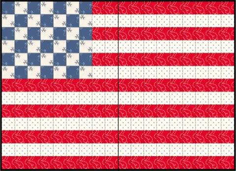 Quilt-style American flag with red white stripes and blue checkered stars