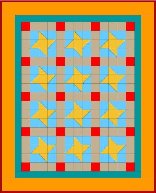 Baby patchwork quilt with blue and yellow star blocks and red border trim.