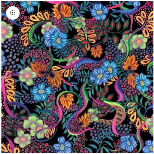 Floral fabric in dark black with colorful blossoms and leaves, dense allover pattern