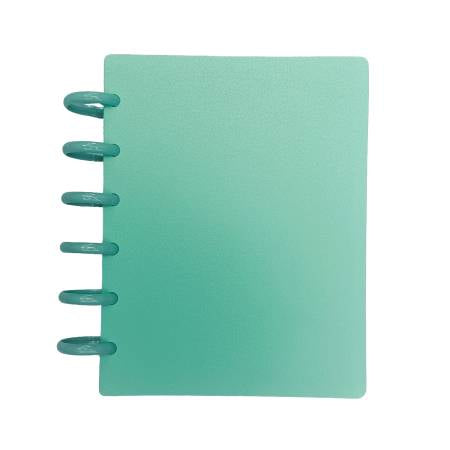 Teal discbound storage binder with metal rings on left, flat square cover