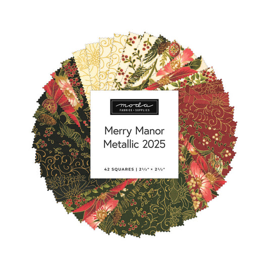 Floral fabric charm pack of 2.5-inch squares, mix of red, green, and metallic gold.