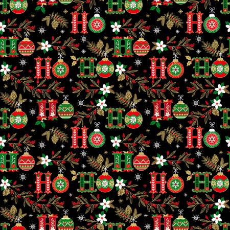 Christmas Magic Black HoHo Text & Christmas Floral # CM2678-BLACK from Timesless Treasures Sold by the Half Yard