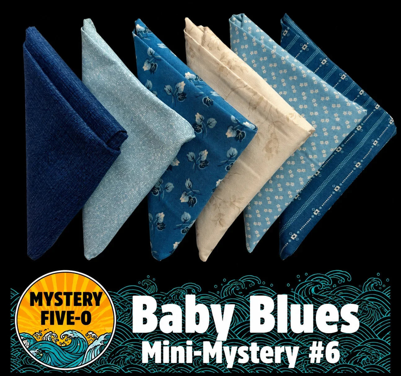 Mini fabric bundle with 5 folded blue baby blankets, floral and polka patterns