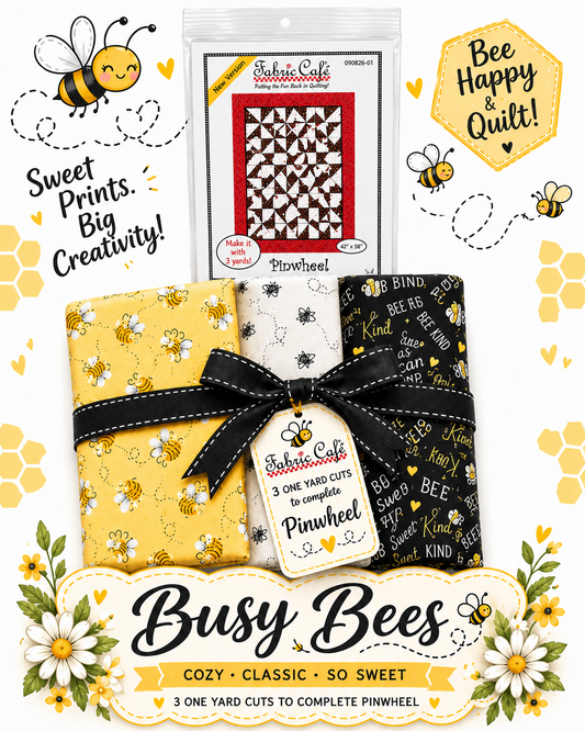 Busy Bees quilting fabric kit with yellow bee print fabrics and Pinwheel pattern guide.