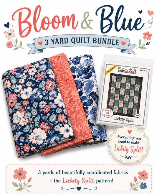Bloom & Blue 3 yard quilt bundle with floral fabrics and Lickity Split pattern.