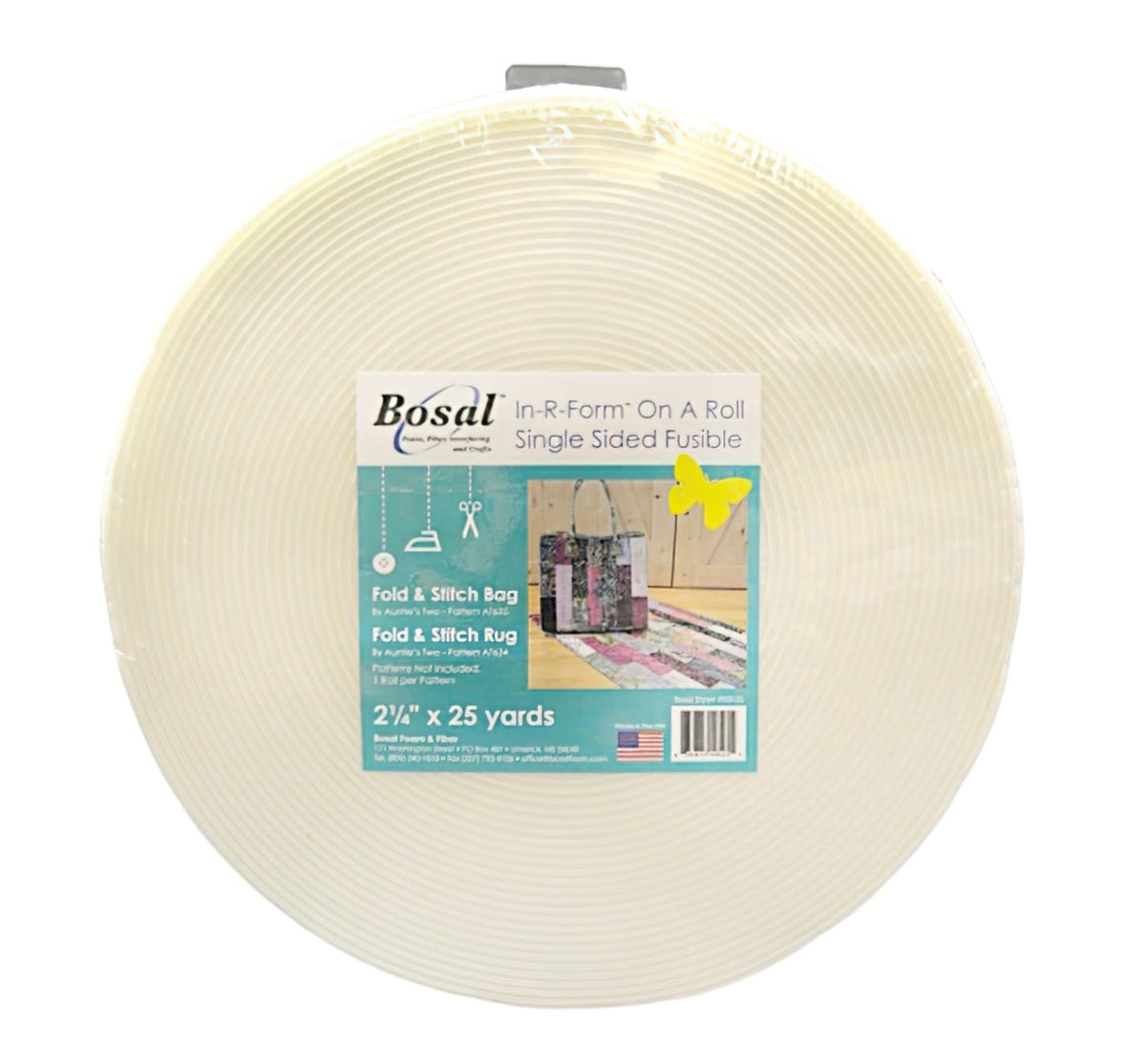 Bosal In-R-Form On A Roll single sided fusible foam stabilizer, cream, 2-1/4 inch by 25 yard roll on a cardboard core with product label