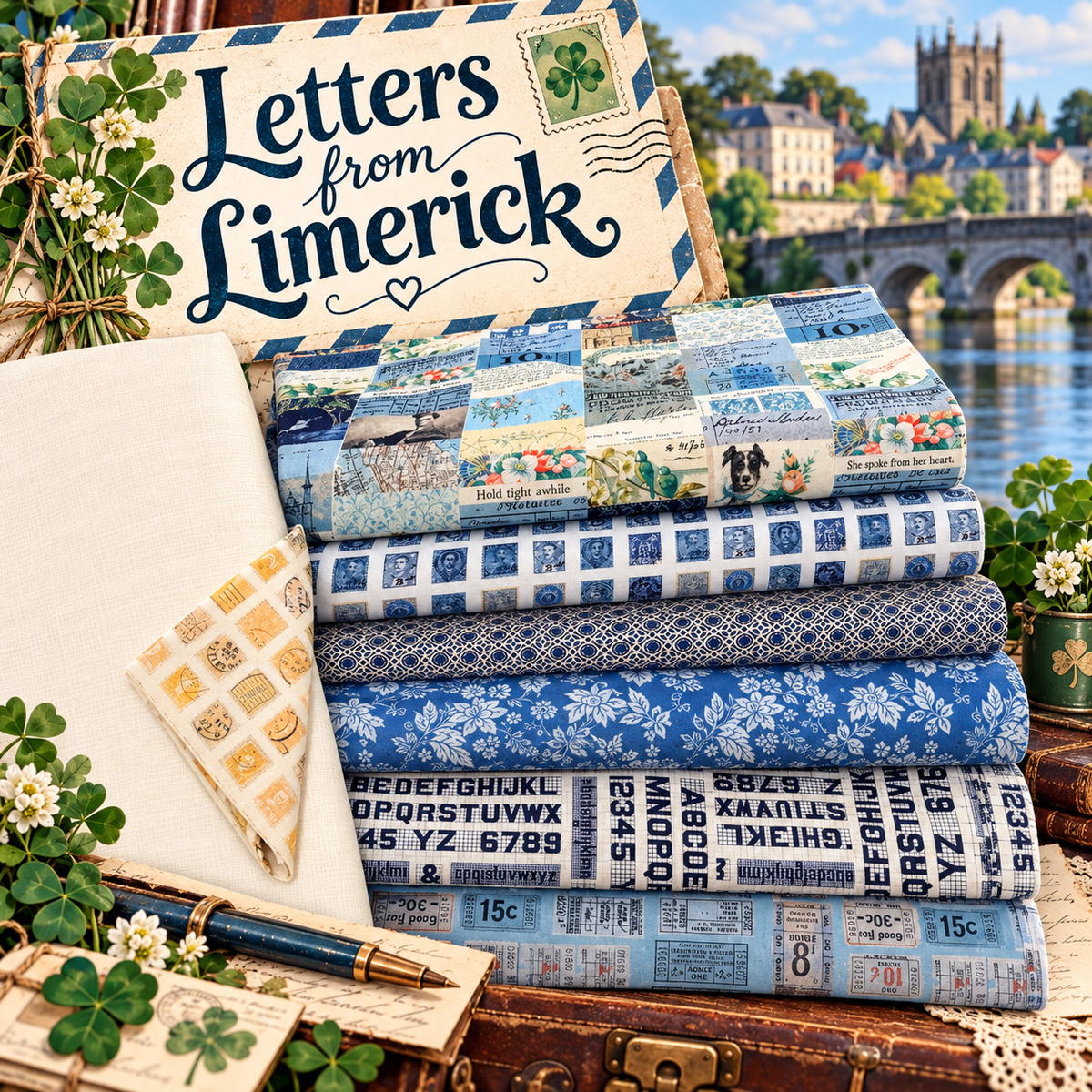Fabric bundle kit with “Letters from Limerick” box, blue prints, and clover decorations