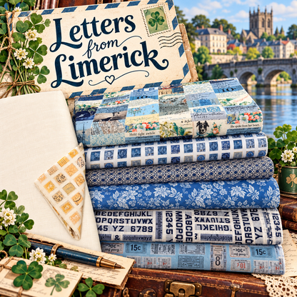 Fabric bundle kit with “Letters from Limerick” box, blue prints, and clover decorations