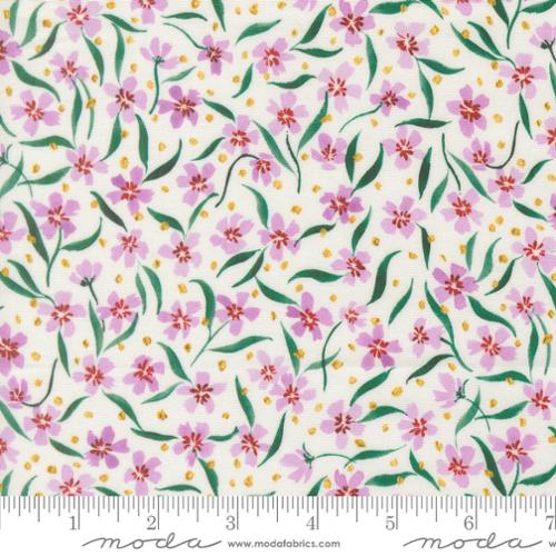 Floral quilting fabric with pink and purple blossoms and green leaves on white