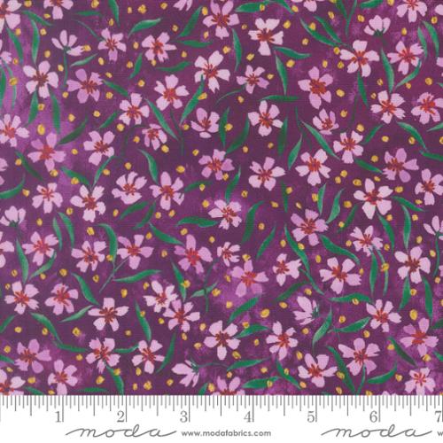 Floral quilting fabric: pink and white blossoms on plum purple with green leaves