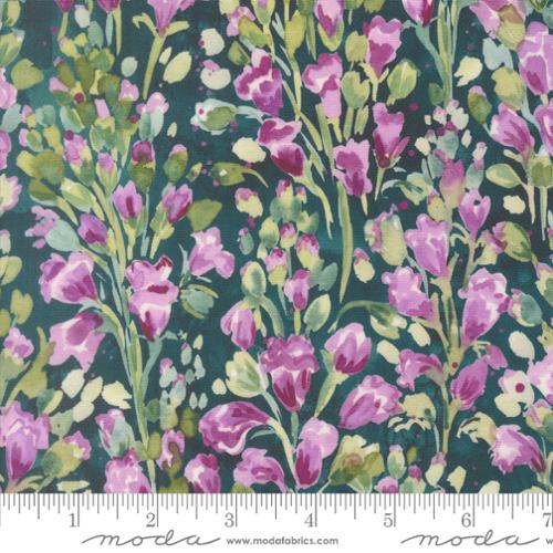 Floral cotton fabric with dark teal ground and pink-purple tulips and small blooms