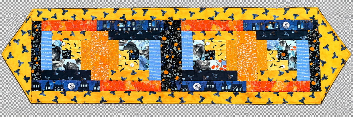 Halloween log cabin table runner quilt, orange and blue panels with bats and spiders