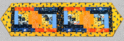 Halloween log cabin table runner quilt, orange and blue panels with bats and spiders