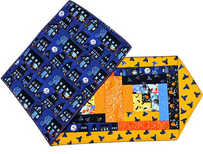 Halloween log cabin table runner quilt kit, blue and orange blocks with spooky icons
