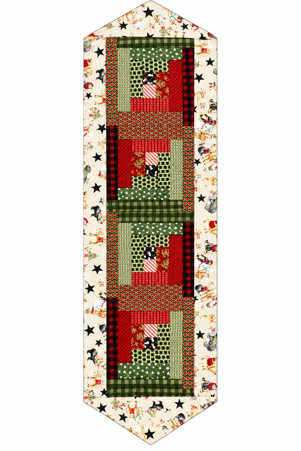 Christmas log cabin table runner kit, patchwork squares in red, green, and white