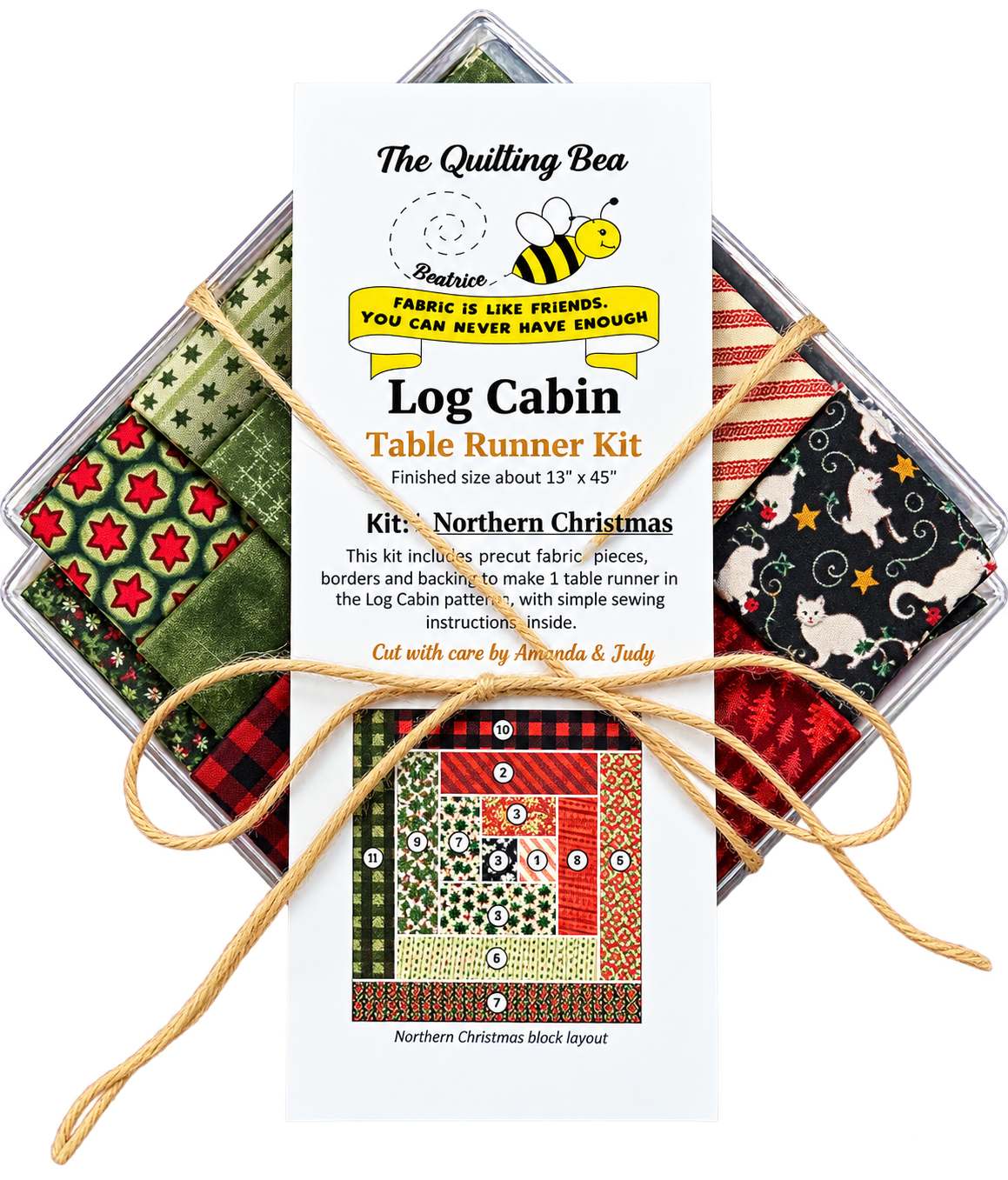 The Quilting Bea log cabin table runner kit with fabric swatches and instructions