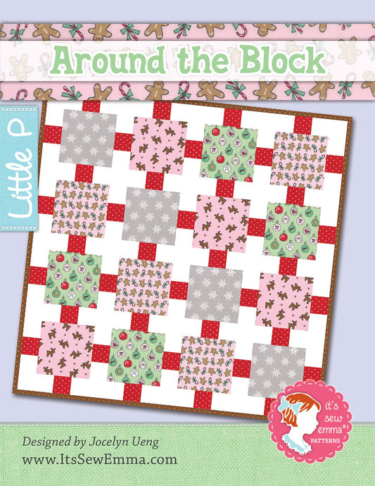 Around the Block quilt pattern with red, green, and gray patchwork squares layout