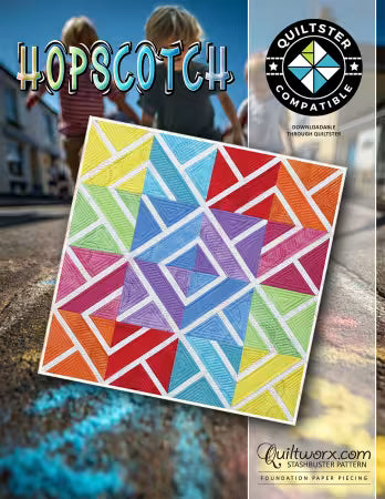 Foundation paper piecing quilt pattern with colorful geometric triangles on a square sheet