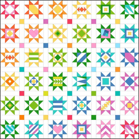 Scrappy Stars foundation pad cover with colorful geometric quilt block designs